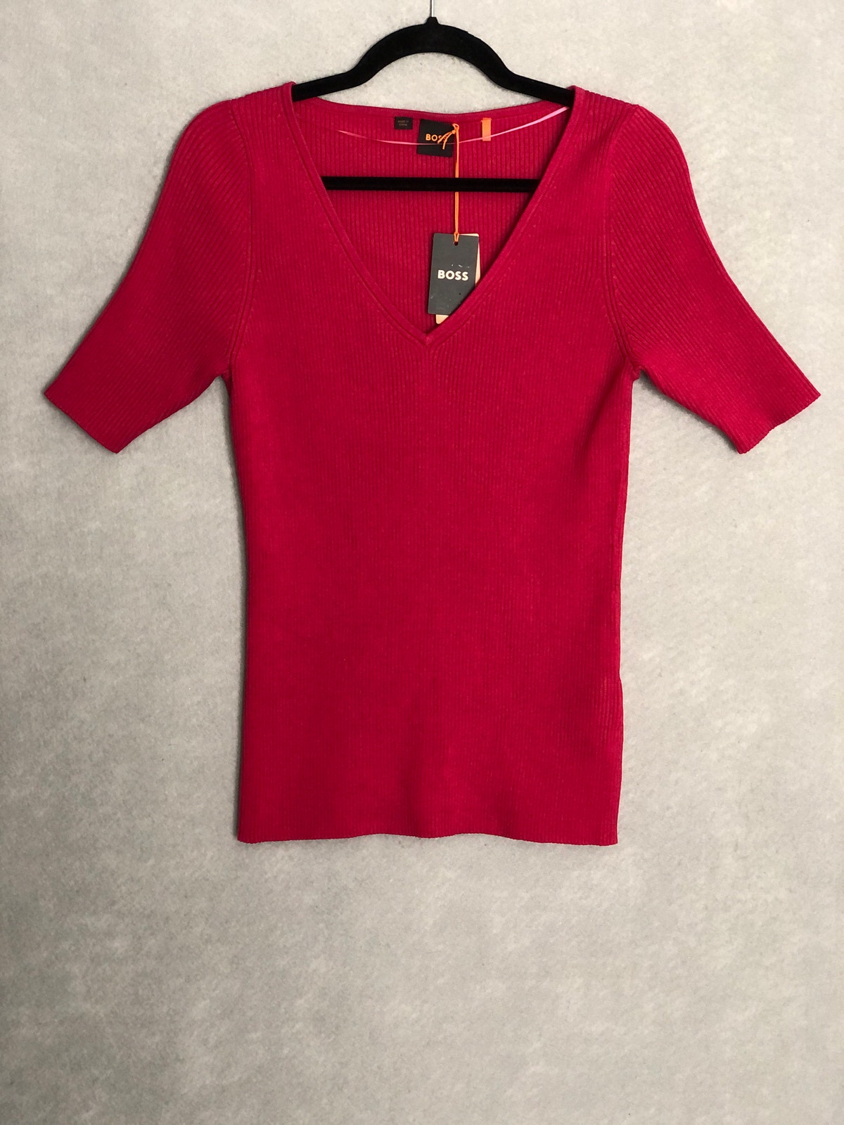 Boss Ribbed Short Sleeve Knit Top V-Neck In Medium Pink Women's Large New